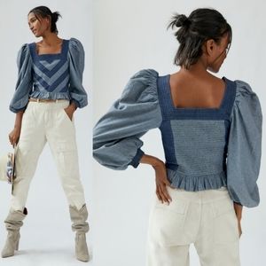 NWT Love the Label Anthropologie Smocked Puff Sleeve Denim Blouse